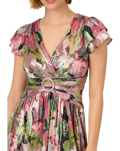 Adrianna Papell Floral Metallic Crinkle Gown Women's