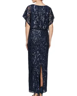 Alex Evenings Long Blouson Column Dress with Flutter Sleeves Women's