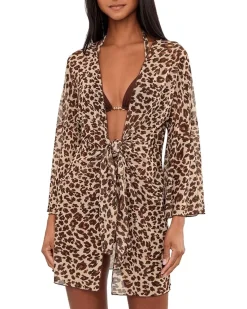 BECCA Safari Leopard Stretch Mesh Tie Front Tunic Women's
