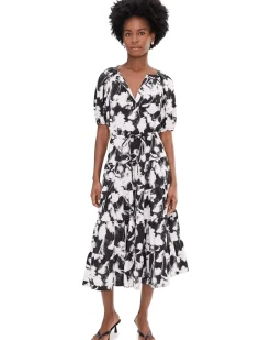 Calvin Klein Puff Sleeve Commuter Floral Tiered Midi Women's