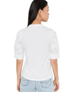 CeCe Elbow Puff Sleeve Mixed Media Lace Top Women's