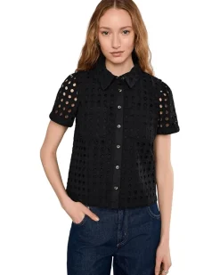CeCe Eyelet Short Sleeve Collared Button Down Top Women's