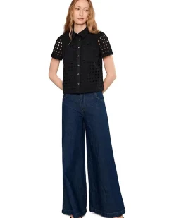 CeCe Eyelet Short Sleeve Collared Button Down Top Women's