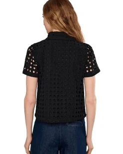 CeCe Eyelet Short Sleeve Collared Button Down Top Women's