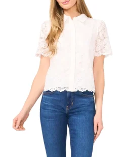 CeCe Lace Short Sleeves Hidden Placket Shirt Women's