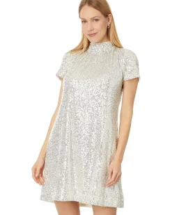 CeCe S/S Mock Nk Sequin A-Line Dress W/ Back Bow 246 Women's