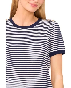 CeCe Striped Baby Tee With Crest Button Detail Women's