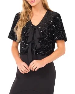 CeCe Velvet Sequin Short Sleeve Bow Front Top Women's