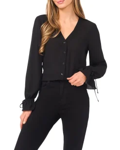 CeCe V-Neck Button Front Long Sleeve Top Women's