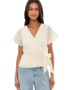 Liverpool Los Angeles Petite Short Sleeve Wrap Front Woven Top with Tie Women's