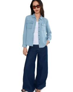 Liverpool Los Angeles Petite Long Sleeve Denim Shirt With Pockets Women's