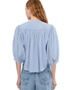 Madewell Shirred Crewneck Button-Up Top Women's