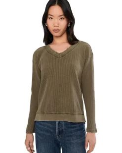 Mod-o-doc Long Sleeve Open V-neck Waffle Top Women's