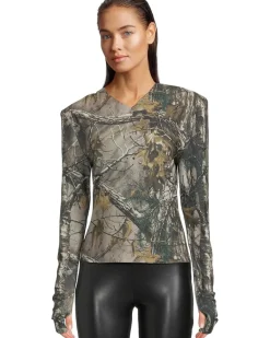 Norma Kamali Long Sleeve Shoulder Pad V-Neck Top Women's