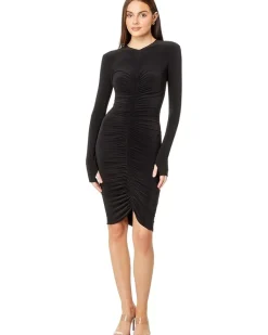 Norma Kamali Long Sleeve V-Neck Shirred Front Dress To Knee Women's