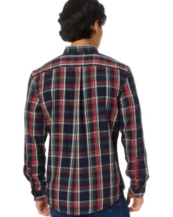 U.S. POLO ASSN. Long Sleeve Classic Fit 1 Pocket Yarn Dye Peached Twill Navy/ Red Plaid Woven Shirt Men's