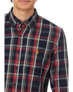 U.S. POLO ASSN. Long Sleeve Classic Fit 1 Pocket Yarn Dye Peached Twill Navy/ Red Plaid Woven Shirt Men's