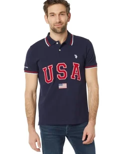 U.S. POLO ASSN. Slim Fit USA Applique Flag Print Knit Polo Shirt Men's