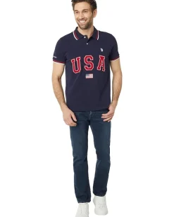 U.S. POLO ASSN. Slim Fit USA Applique Flag Print Knit Polo Shirt Men's